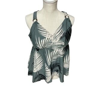 Kona Sol Women's Swim Tankini Tropical Leaf Print V Neck Adjustable Straps 18W